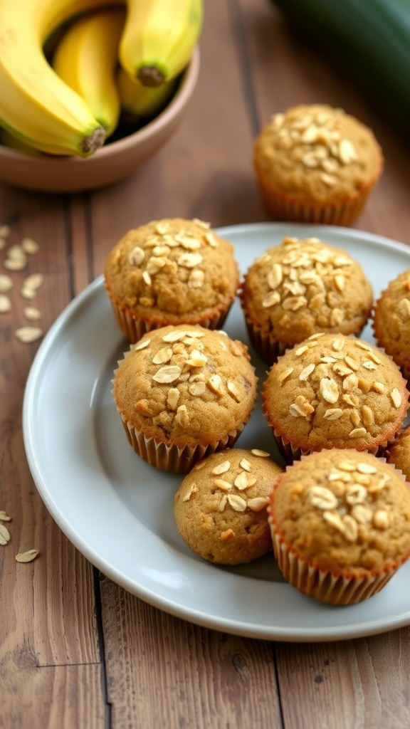 A plate of golden brown oatmeal zucchini banana muffins with oats on top, surrounded by fresh zucchini and bananas.